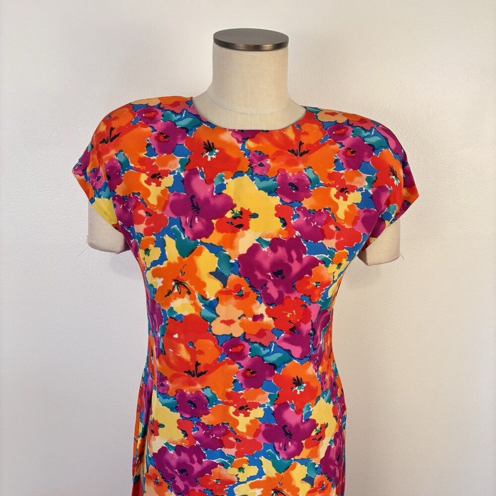 VTG 80s 90s Saks Fifth Avenue Womens 6 Silk Bright Abstract Floral Sheath Dress - Picture 3 of 9